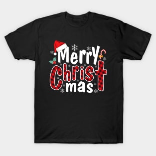 Merry Christ Mas  Red Plaid Cross Holiday Christmas T-Shirt